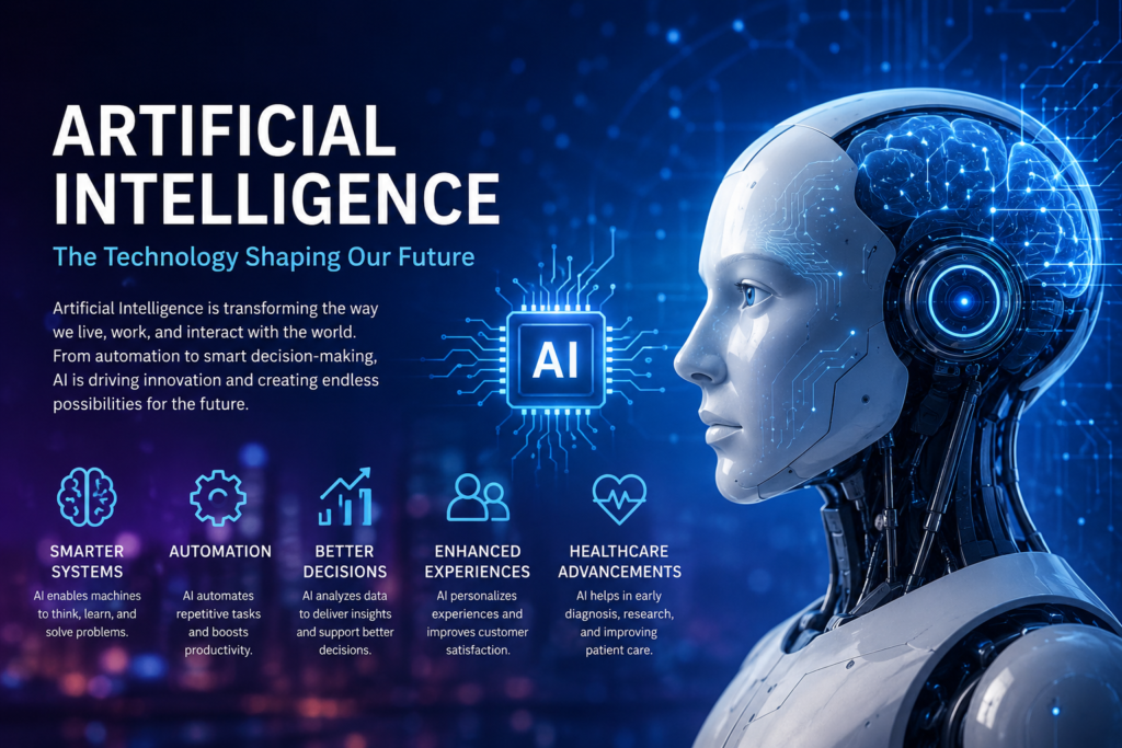 Artificial Intelligence (AI) technology concept showing a futuristic robot, digital brain, automation, machine learning, and innovation.